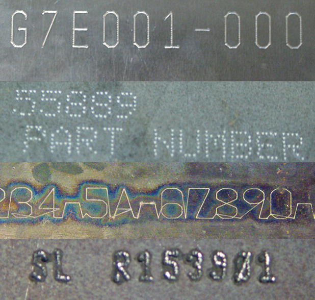 Four depictions of different types of plate marking on various materials, each featuring numbers and letters for identification purposes.
